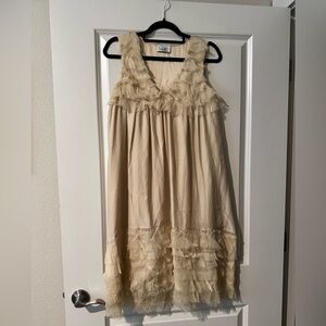 Vintage Violet Atos Lombardini Silk Dress Ruffle Trip Midi Cream Size EU 40 US 8